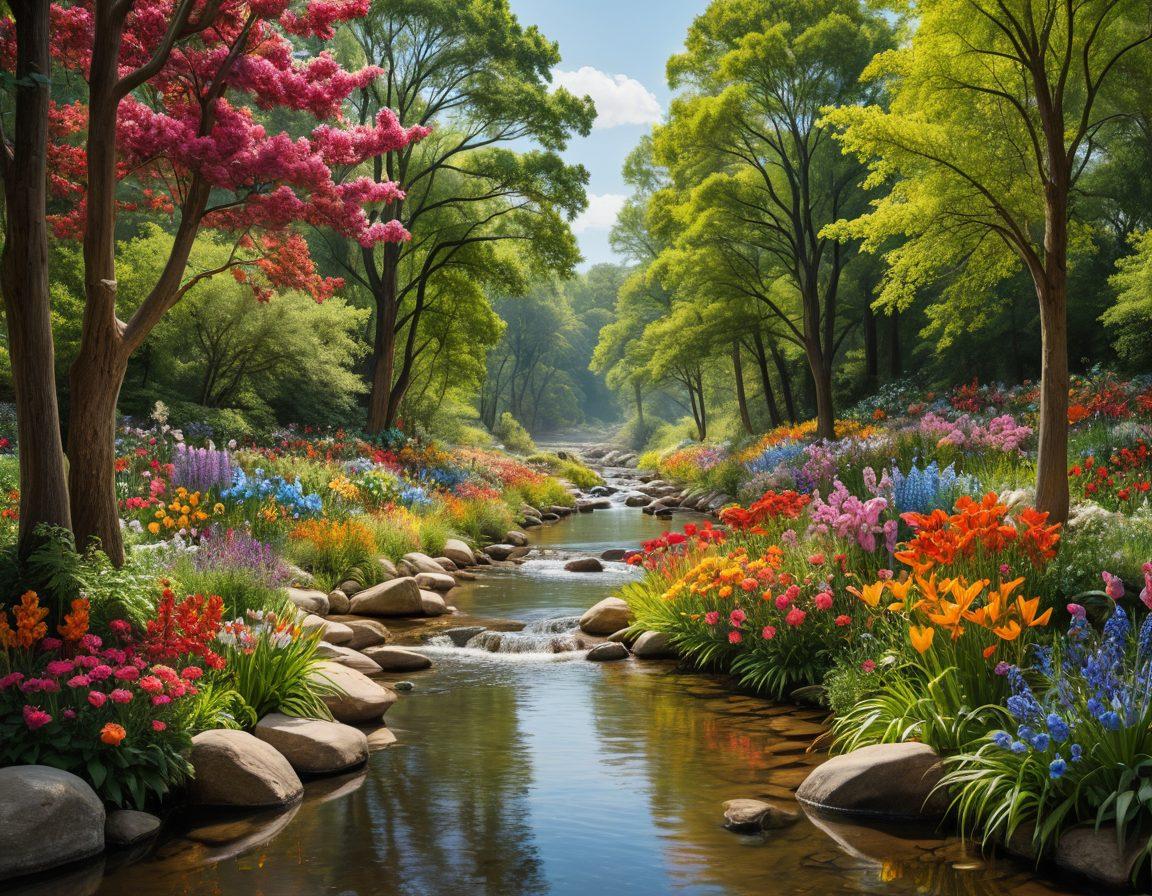 A vibrant landscape showcasing diverse natural elements like trees, flowers, and a flowing river, interspersed with creative art forms such as murals and sculptures that reflect sustainability. Include individuals from various backgrounds collaboratively creating eco-friendly art installations using recycled materials. Bright colors with a hopeful ambiance, symbolizing unity and activism for the environment. super-realistic. vibrant colors. natural lighting.