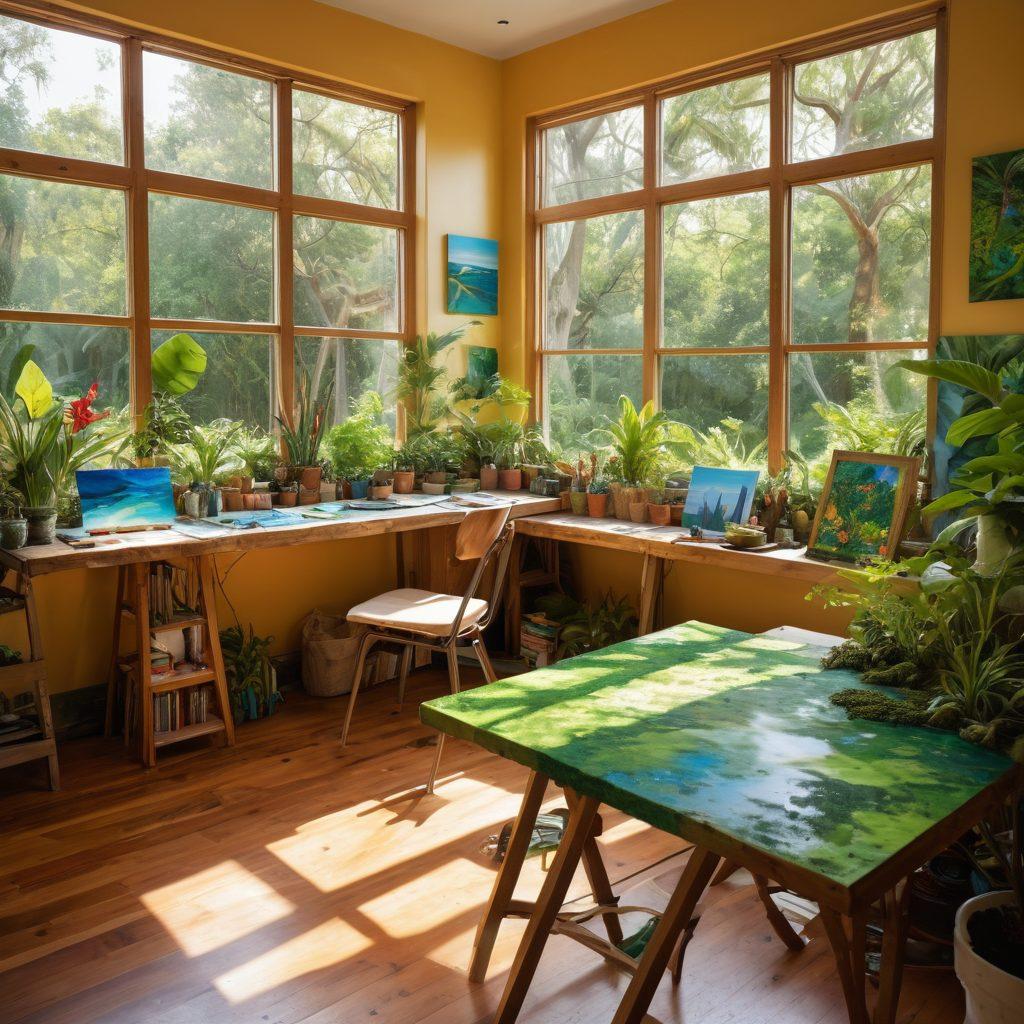 A vibrant art studio filled with lush greenery, featuring canvases made from recycled materials showcasing vivid landscapes and wildlife. An artist passionately painting with eco-friendly paints, surrounded by sculptures made from ocean waste. Sunlight streams through a window, illuminating the environmental theme. A palette of natural colors brings warmth to the scene. super-realistic. vibrant colors. natural lighting.