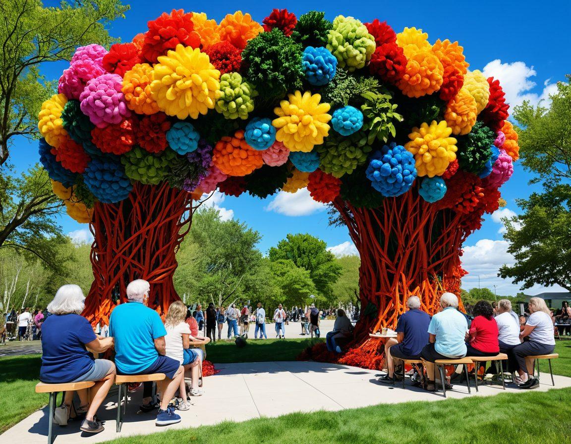 A vibrant art installation featuring colorful, eco-friendly materials intertwined with lush greenery, symbolizing the fusion of art and nature. Include a diverse group of people of all ages admiring the artworks, engaging in discussions about environmental advocacy. The background should depict a bright blue sky with soft, fluffy clouds enhancing the uplifting atmosphere. super-realistic. vibrant colors. outdoor setting.